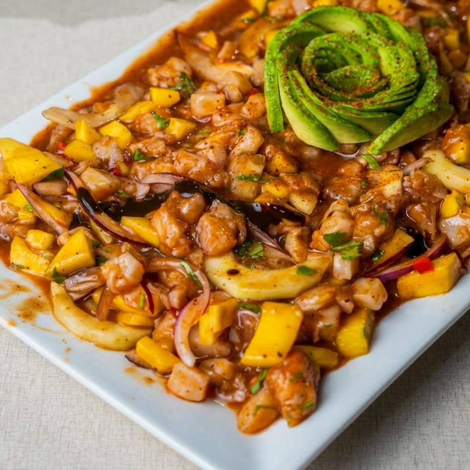 Seafood ceviche with shrimp, squid, mango, onions, and avocado rosette in a spicy reddish sauce on a rectangular plate.