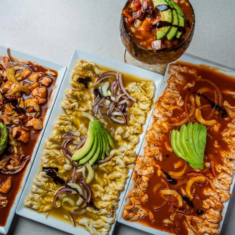 Three rectangular plates of sauced Mexican dishes topped with avocado and onions, accompanied by a garnished drink.