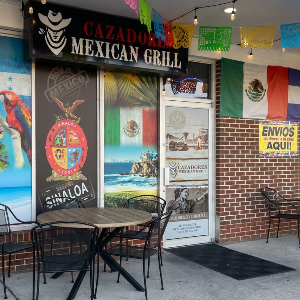 Cazador Mexican Grill storefront with colorful Mexican and Honduran flags, murals, outdoor tables, and chairs.