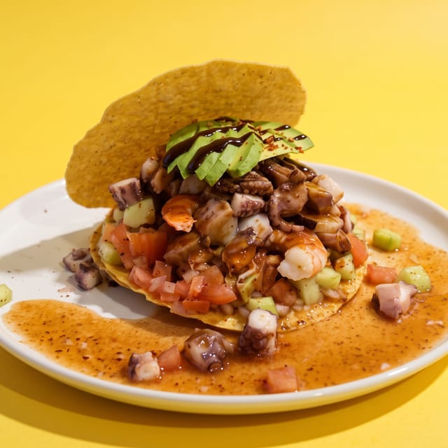 Tostada de Camarón y Pulpo [Shrimp and Octopus Tostada].